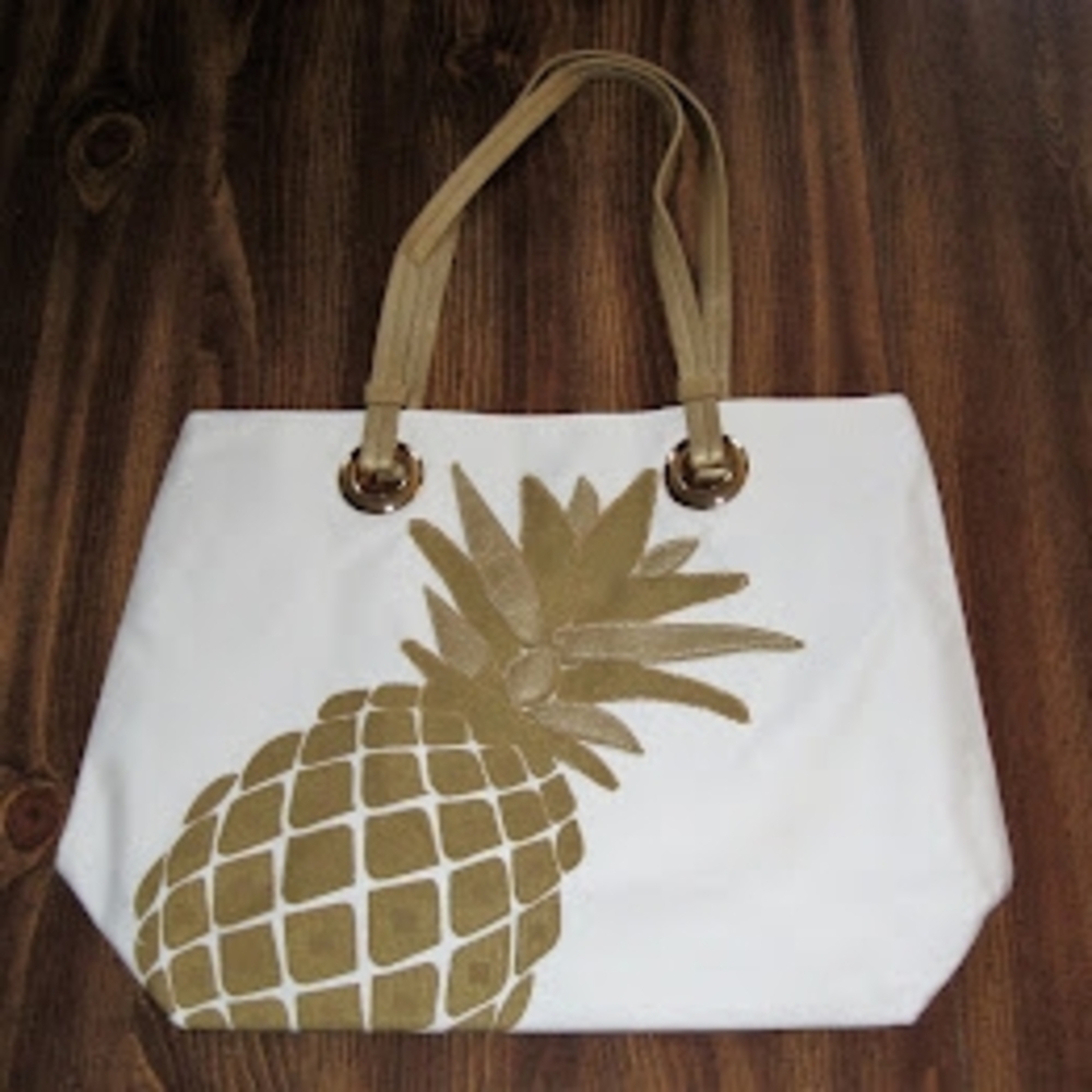 Avon White and Tan Tote Bag with Tropical Flair